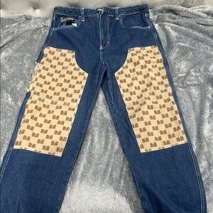 Trendy Blue Jeans with Tan Checkered Accents